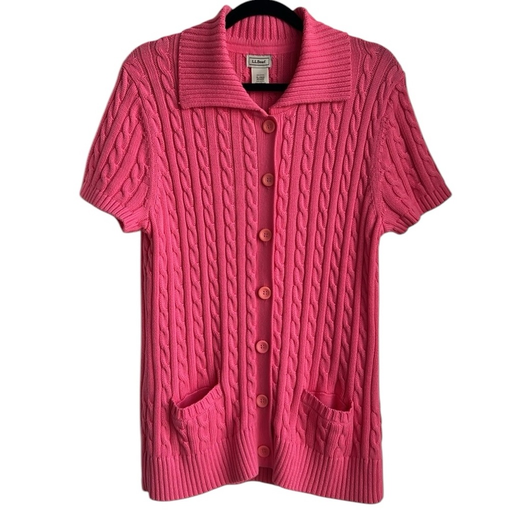 L.L. Bean Pink Short Sleeve Cable Knit Button up Sweater